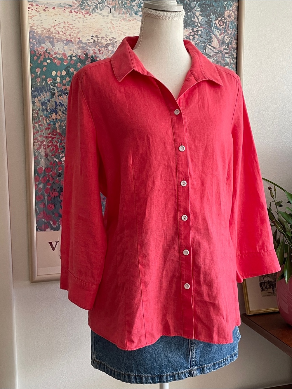 Lafayette 148 Linen Button Down Shirt Women's 10 Coral Pink 3/4 Sleeve Luxury - Picture 4 of 10
